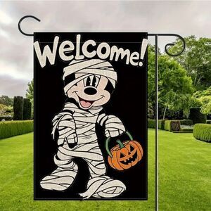 Halloween “Welcome!” Garden Flag – Mummy Mouse with Pumpkin Bucket Double Sided